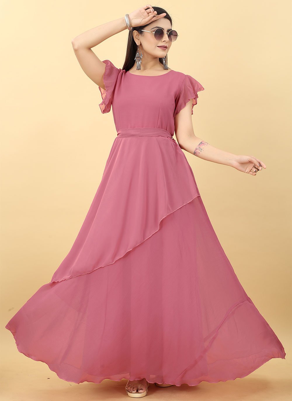 Designer Gown Georgette Pink Plain Gown