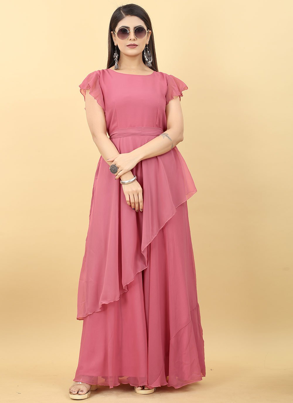 Designer Gown Georgette Pink Plain Gown
