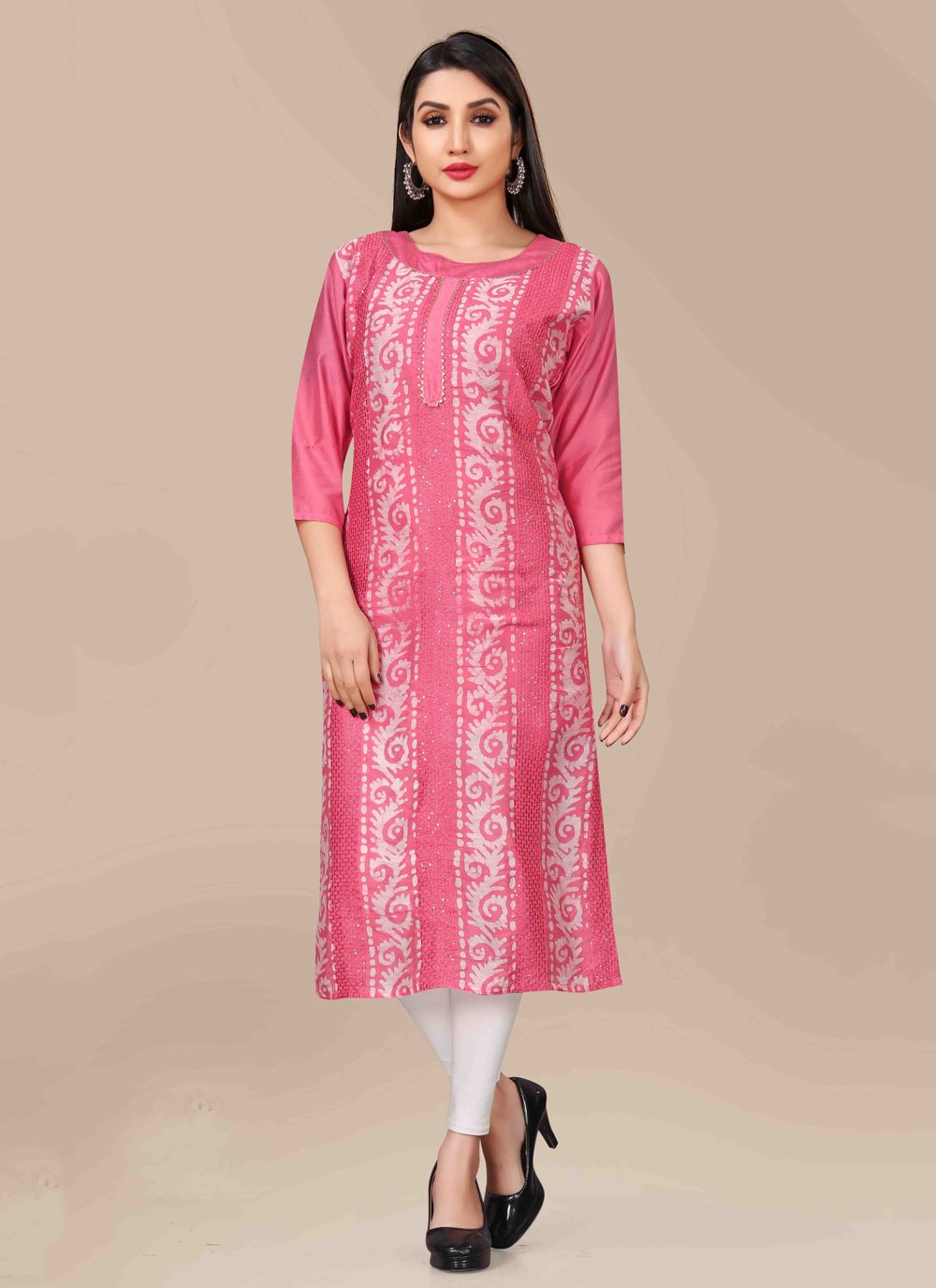 Designer Kurti Chanderi Pink Embroidered Kurtis