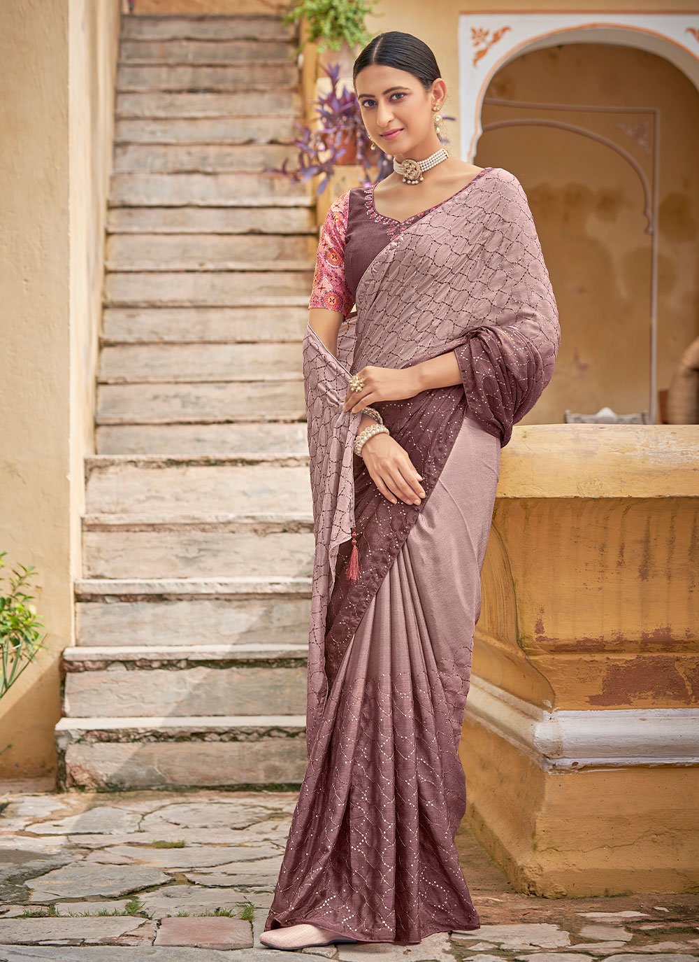 Designer Chinon Pink Sequins Saree