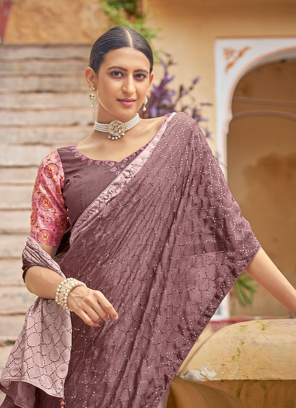 Designer Chinon Pink Sequins Saree