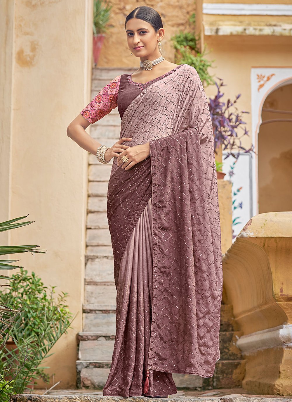 Designer Chinon Pink Sequins Saree