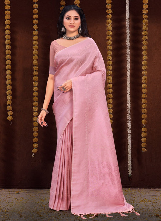 Designer Kanjivaram Silk Pink Fancy Work Saree