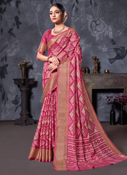 Trendy Saree Cotton Linen Pink Digital Print Saree