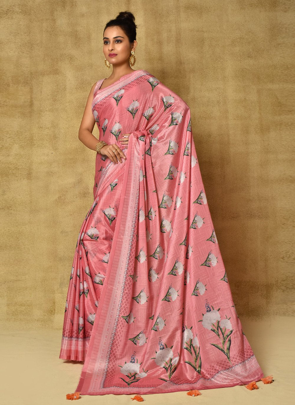 Designer Chinon Pink Digital Print Saree