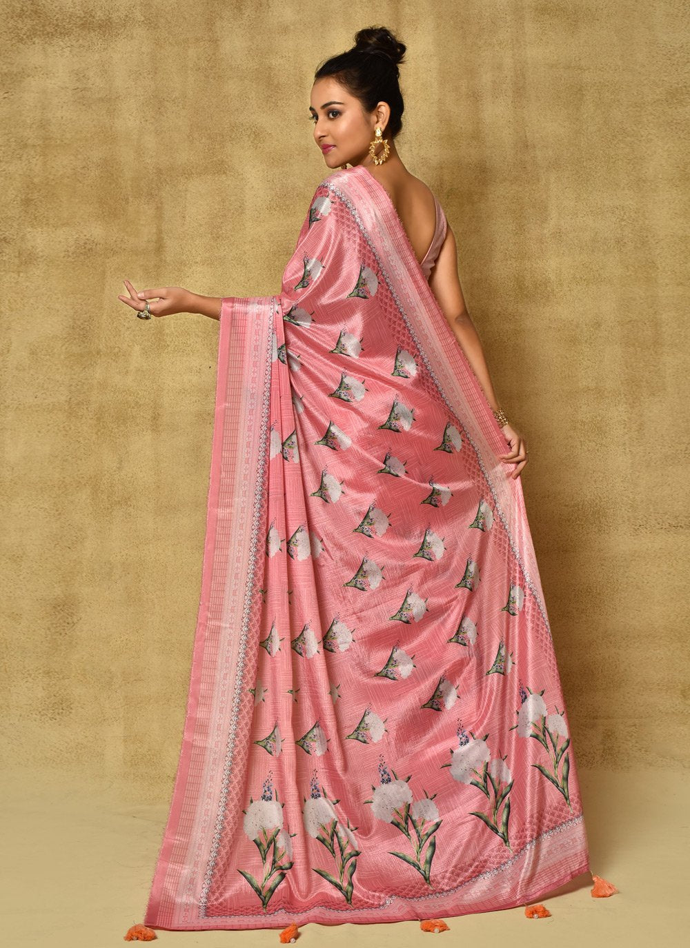 Designer Chinon Pink Digital Print Saree