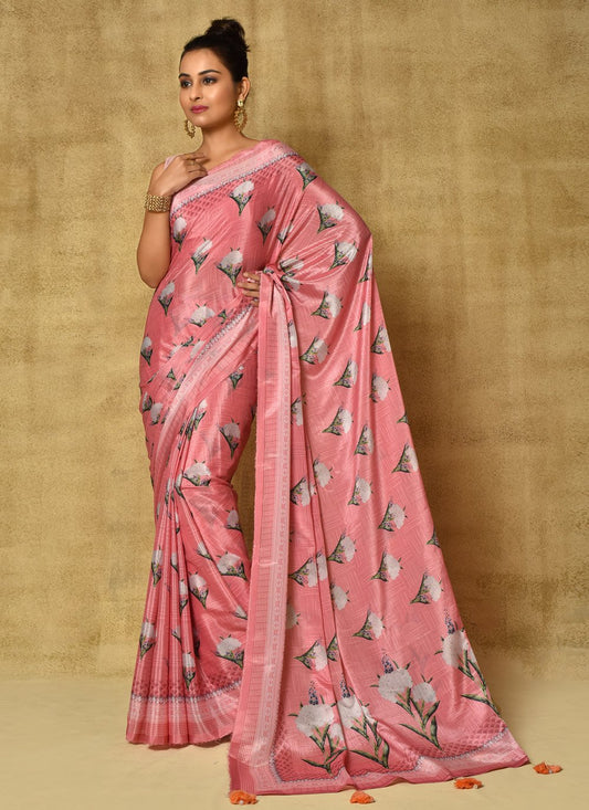 Designer Chinon Pink Digital Print Saree