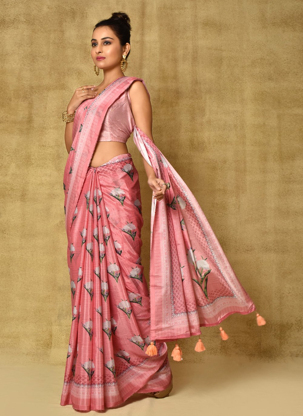 Designer Chinon Pink Digital Print Saree