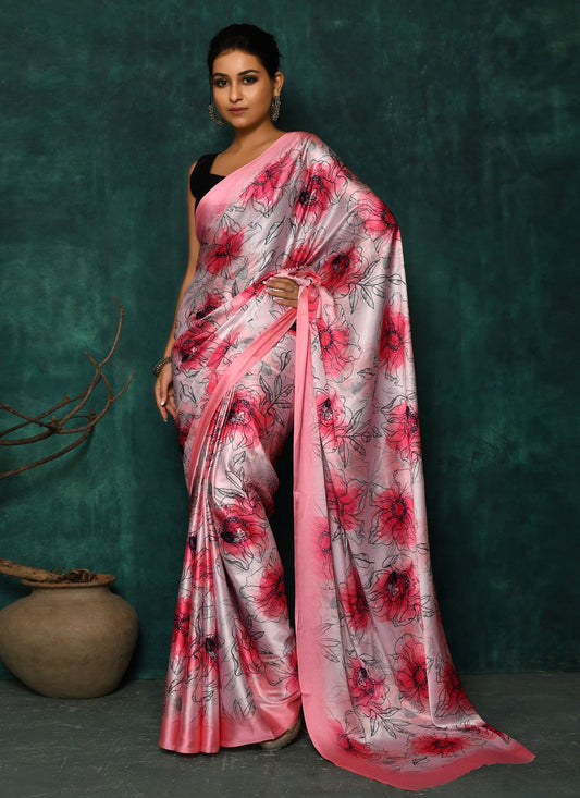 Designer Satin Pink Digital Print Saree