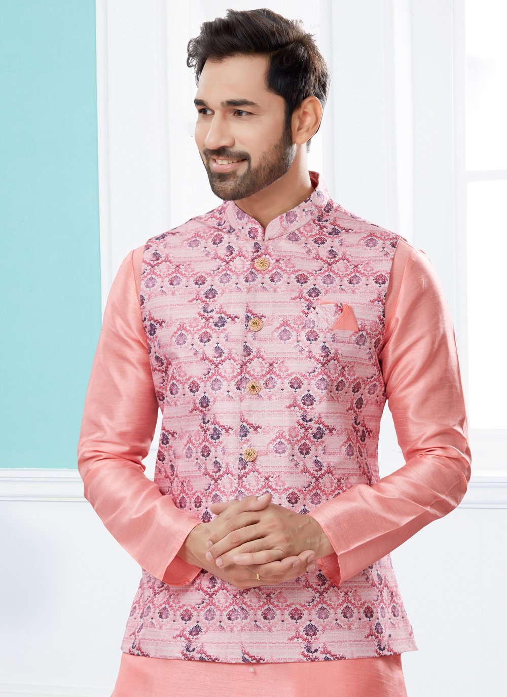 Kurta Payjama With Jacket Dupion Silk Jacquard Pink Digital Print Mens