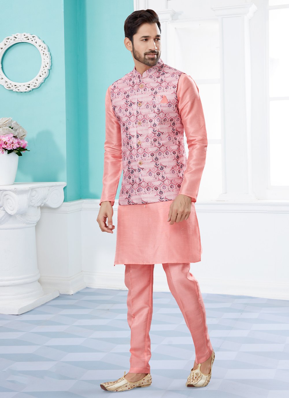 Kurta Payjama With Jacket Dupion Silk Jacquard Pink Digital Print Mens