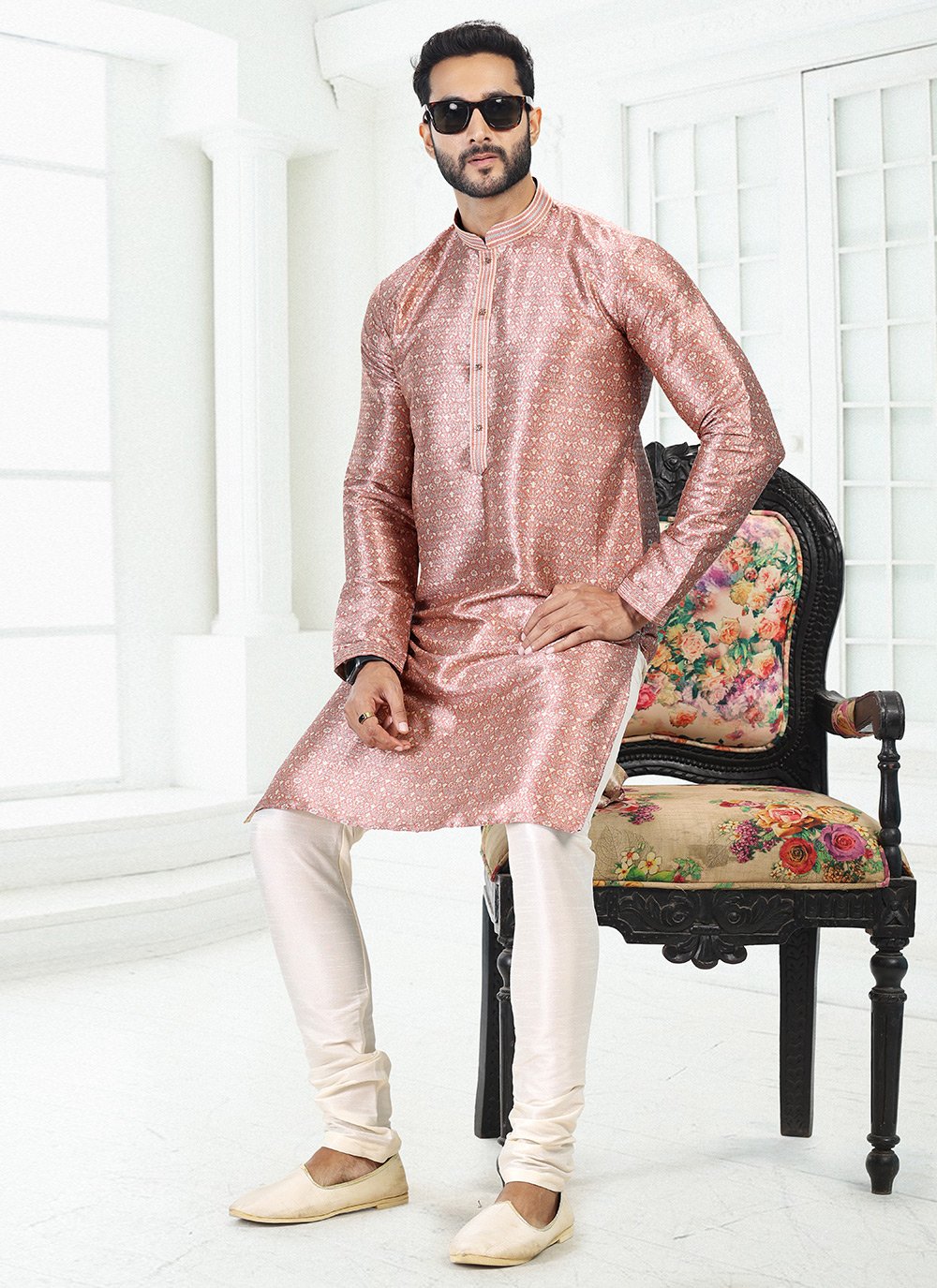 Kurta Pyjama Banarasi Silk Pink Digital Print Mens