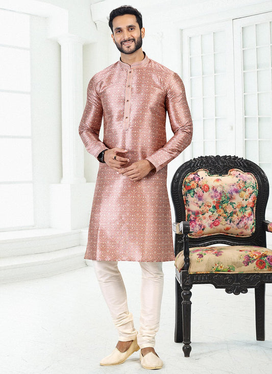 Kurta Pyjama Banarasi Silk Pink Digital Print Mens