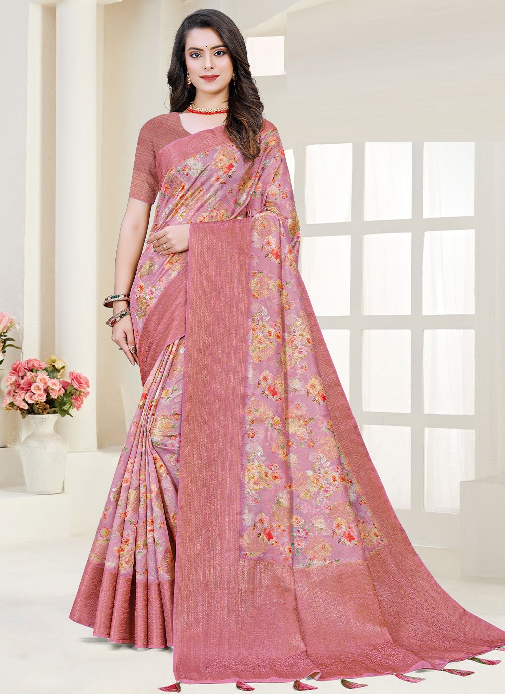 Classic Fancy Fabric Silk Pink Digital Print Saree