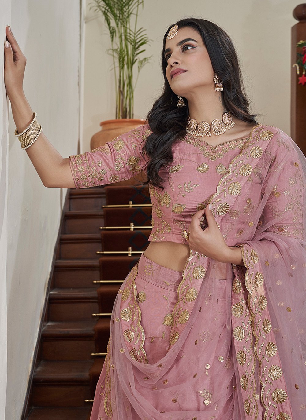 A Line Lehenga Art Silk Pink Embroidered Lehenga Choli