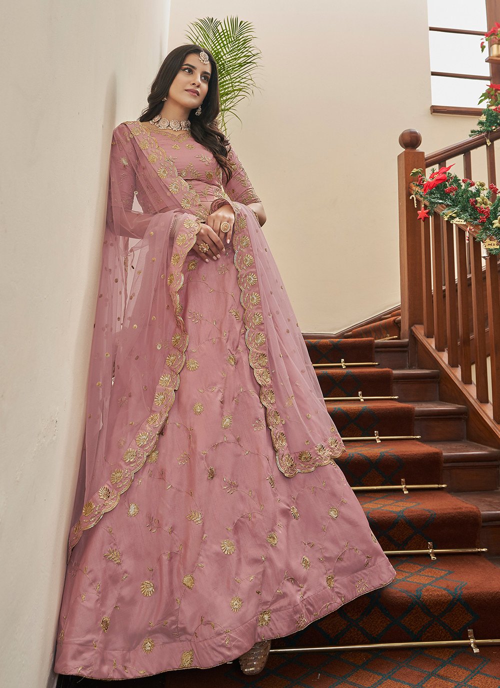 A Line Lehenga Art Silk Pink Embroidered Lehenga Choli