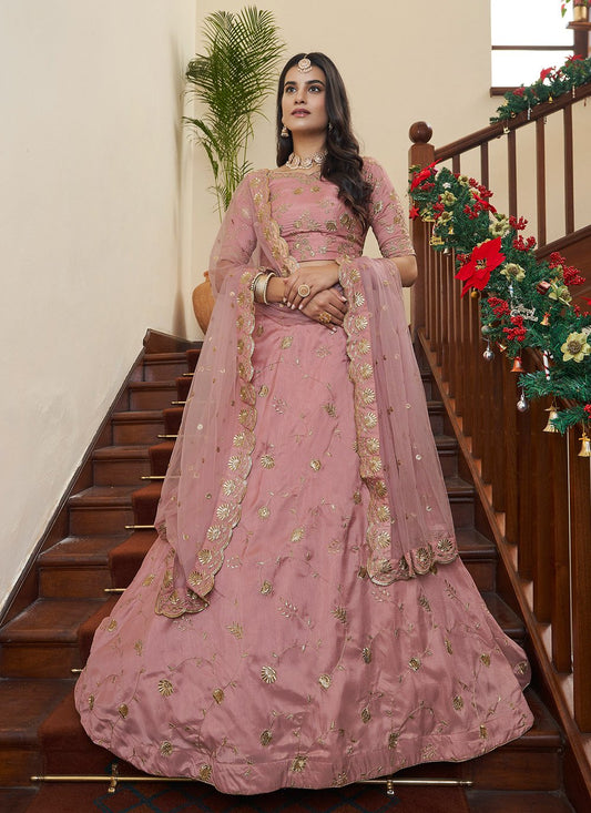 A Line Lehenga Art Silk Pink Embroidered Lehenga Choli