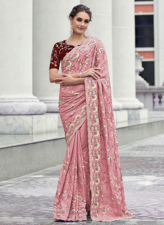Classic Georgette Pink Embroidered Saree