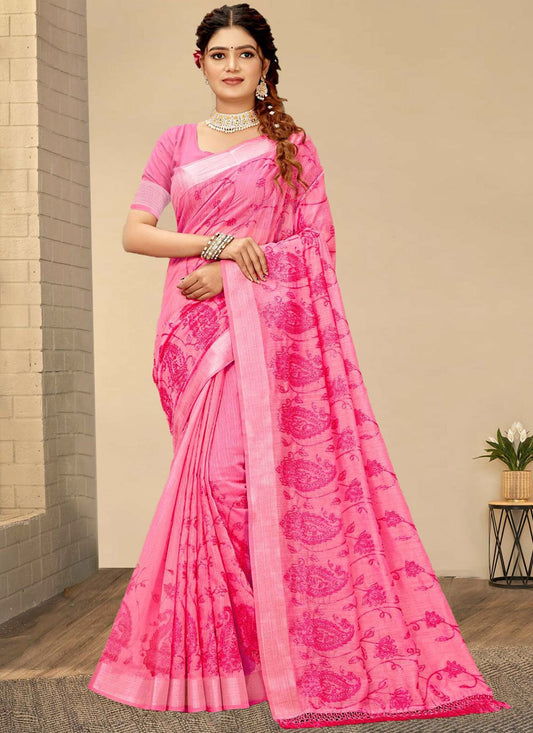 Classic Chanderi Cotton Pink Embroidered Saree
