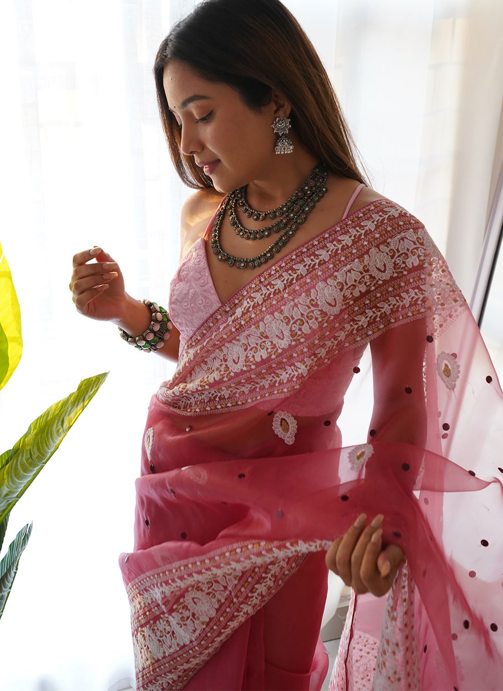 Classic Organza Pink Embroidered Saree