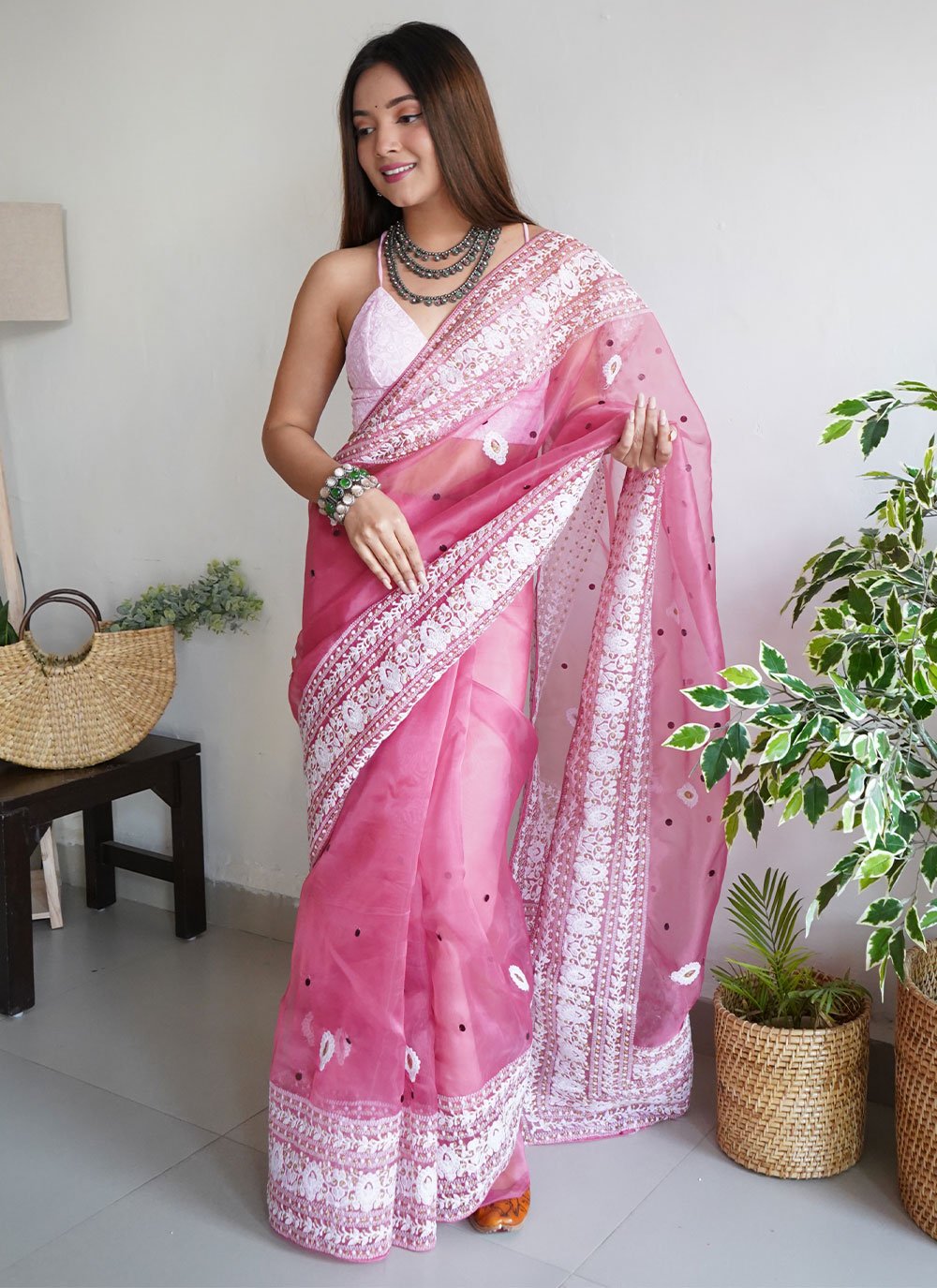 Classic Organza Pink Embroidered Saree