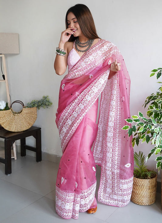 Classic Organza Pink Embroidered Saree