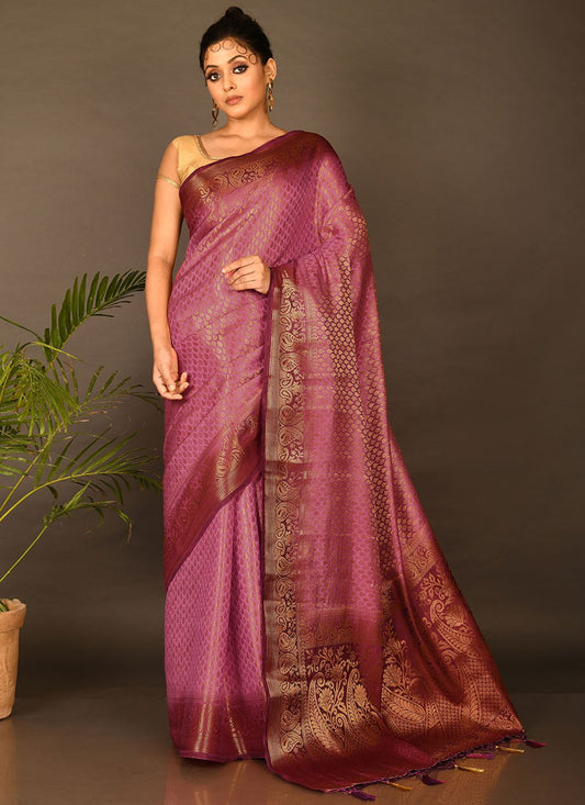 Contemporary Kanchipuram Silk Pink Embroidered Saree