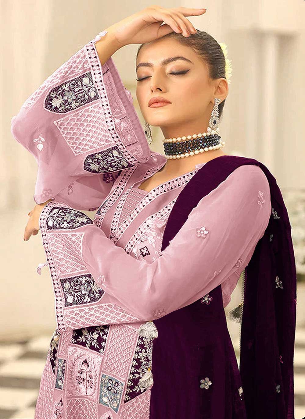 Pakistani Salwar Suit Faux Georgette Pink Embroidered Salwar Kameez