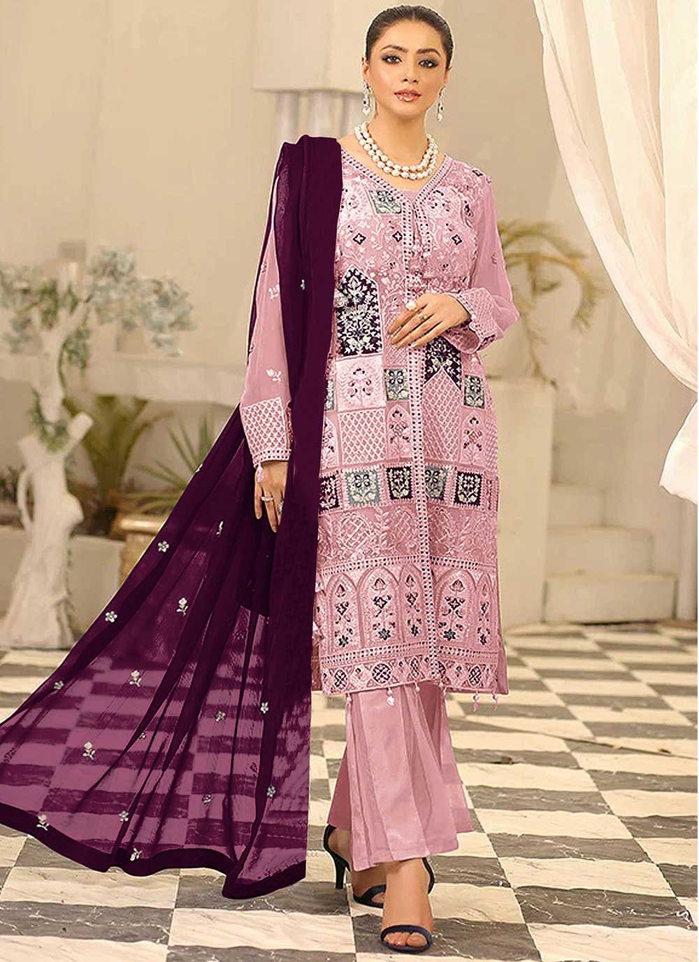 Pakistani Salwar Suit Faux Georgette Pink Embroidered Salwar Kameez