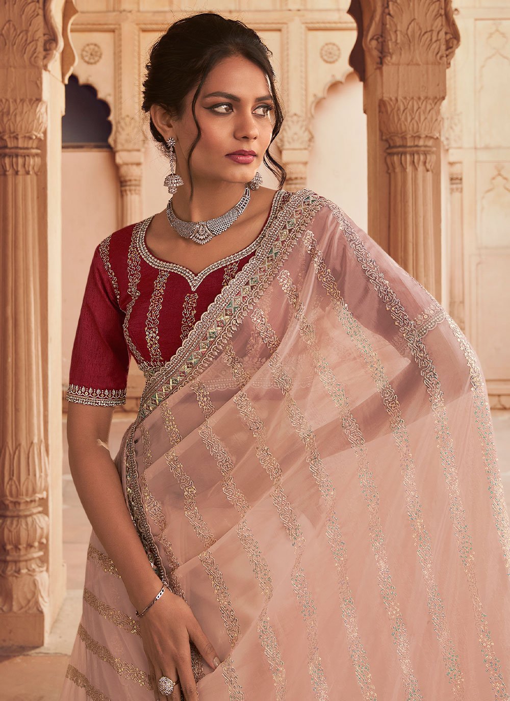 Classic Organza Pink Crystals Saree