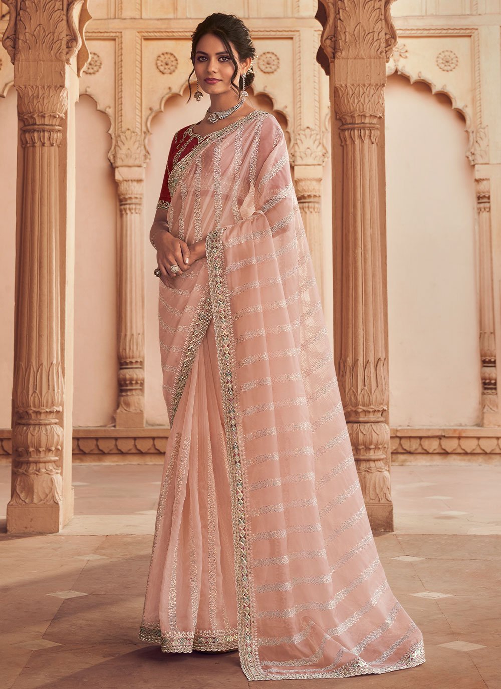 Classic Organza Pink Crystals Saree