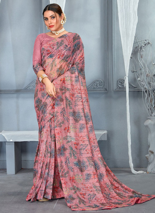 Contemporary Net Pink Digital Print Saree