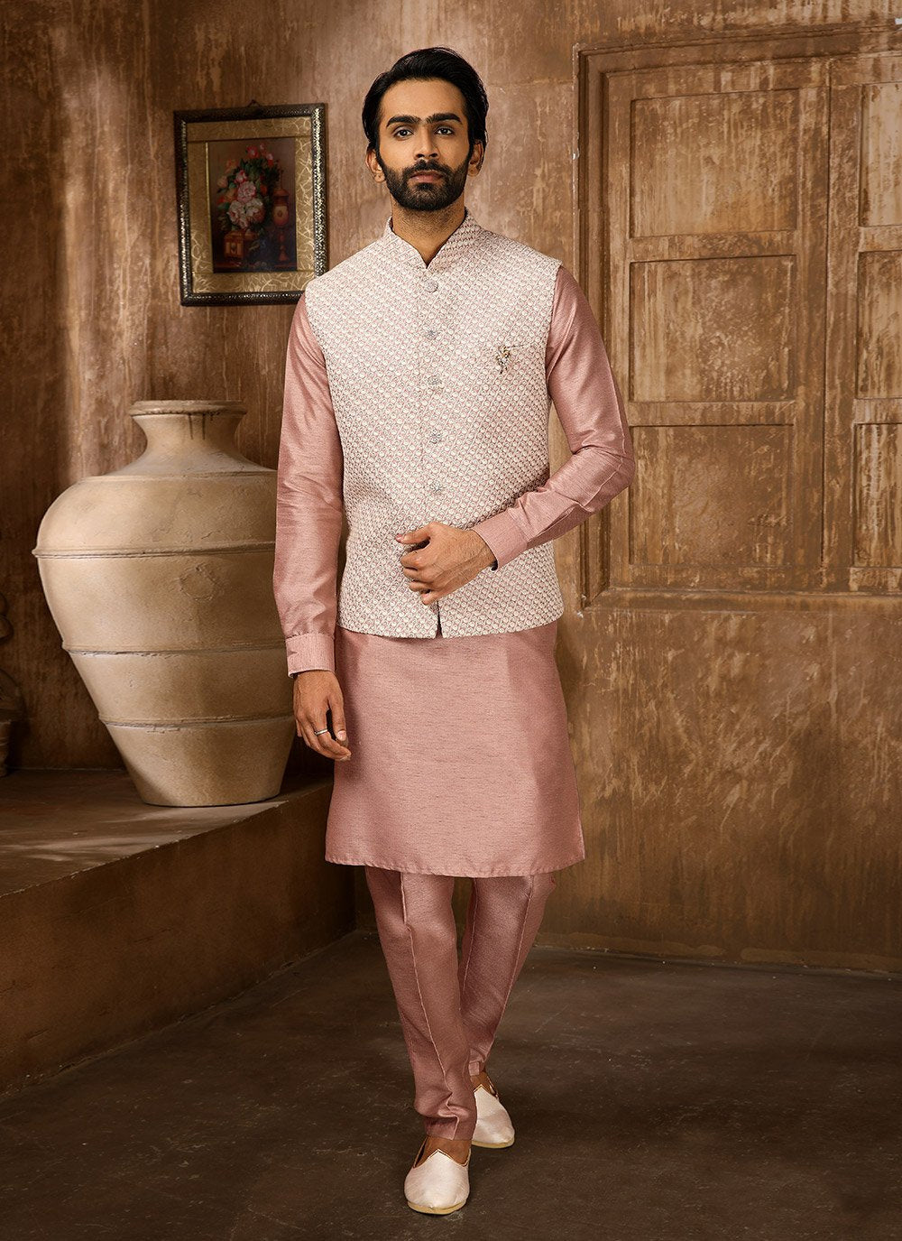 Kurta Payjama With Jacket Art Banarasi Silk Pink Embroidered Mens