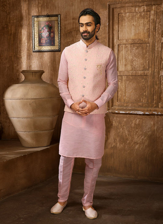Kurta Payjama With Jacket Art Banarasi Silk Pink Embroidered Mens