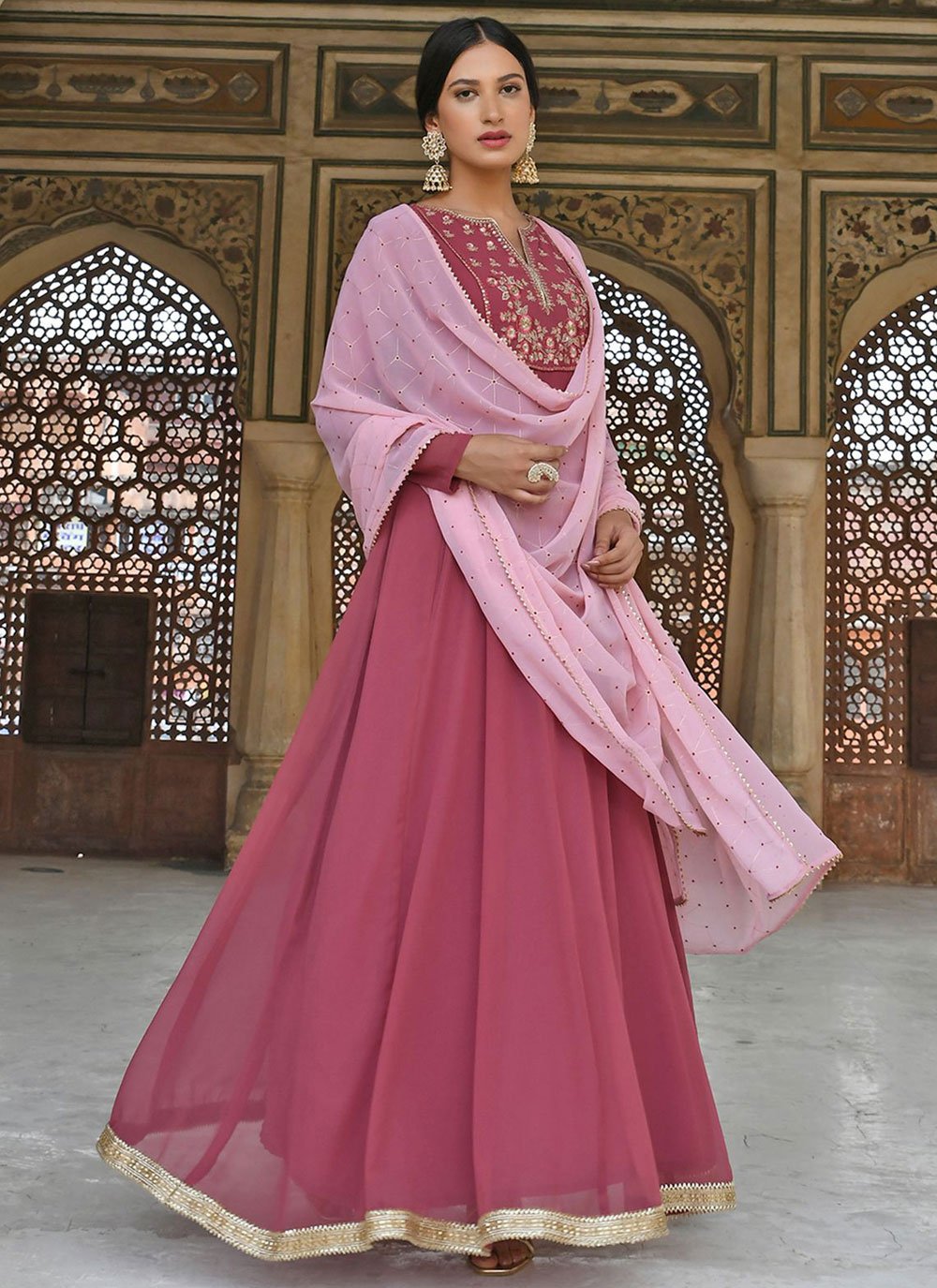 Gown Georgette Pink Embroidered Gown