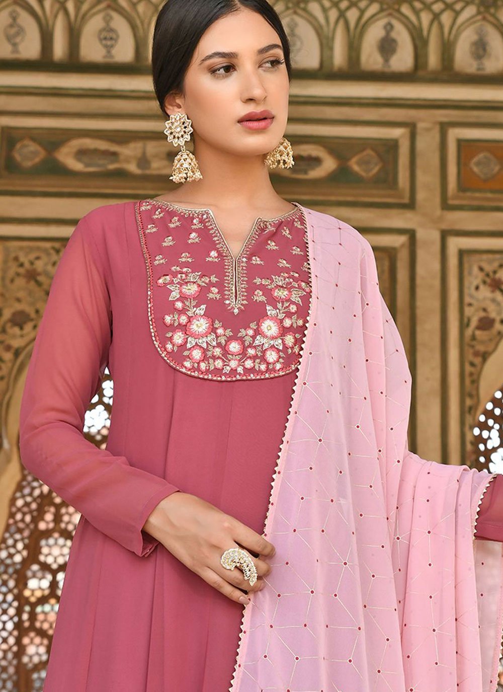 Gown Georgette Pink Embroidered Gown