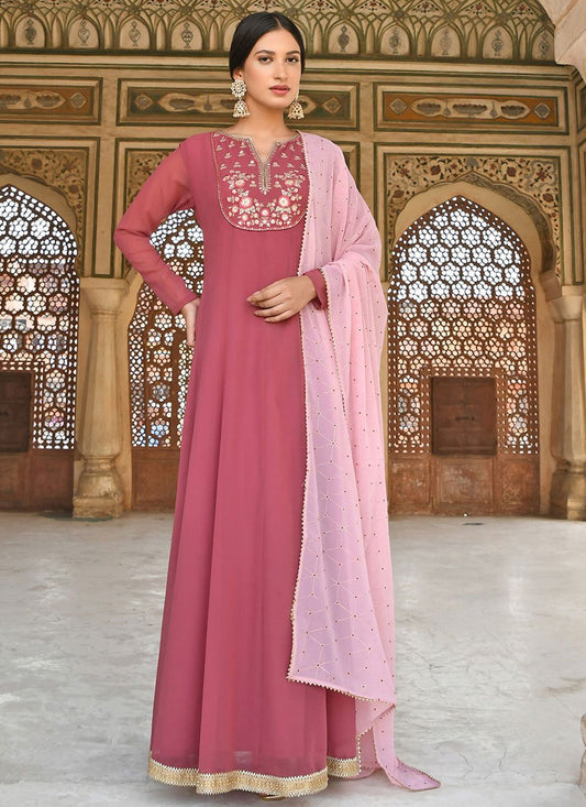 Gown Georgette Pink Embroidered Gown