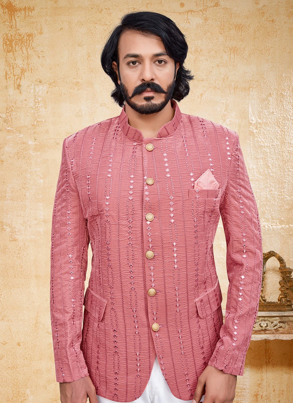 Jodhpuri Suit Velvet Pink Embroidered Mens