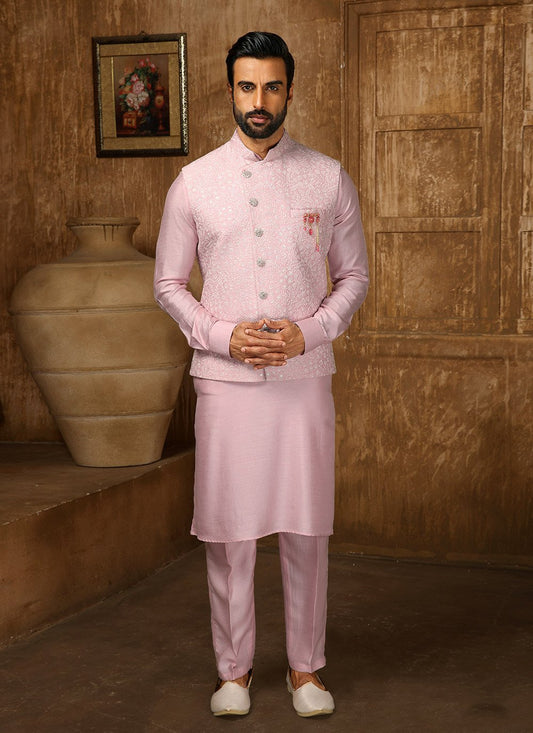 Kurta Payjama With Jacket Art Banarasi Silk Pink Embroidered Mens