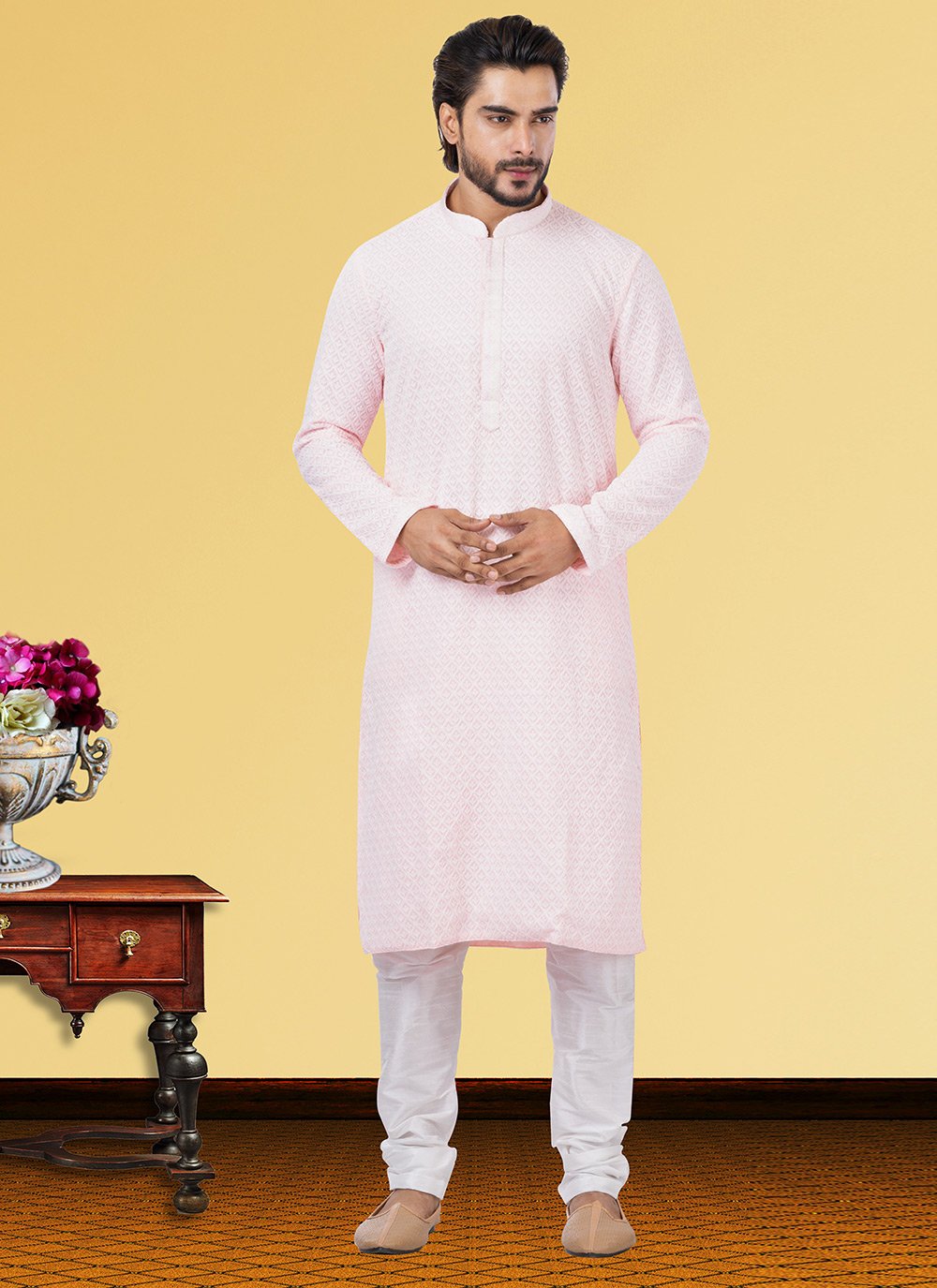 Kurta Pyjama Georgette Pink Embroidered Mens