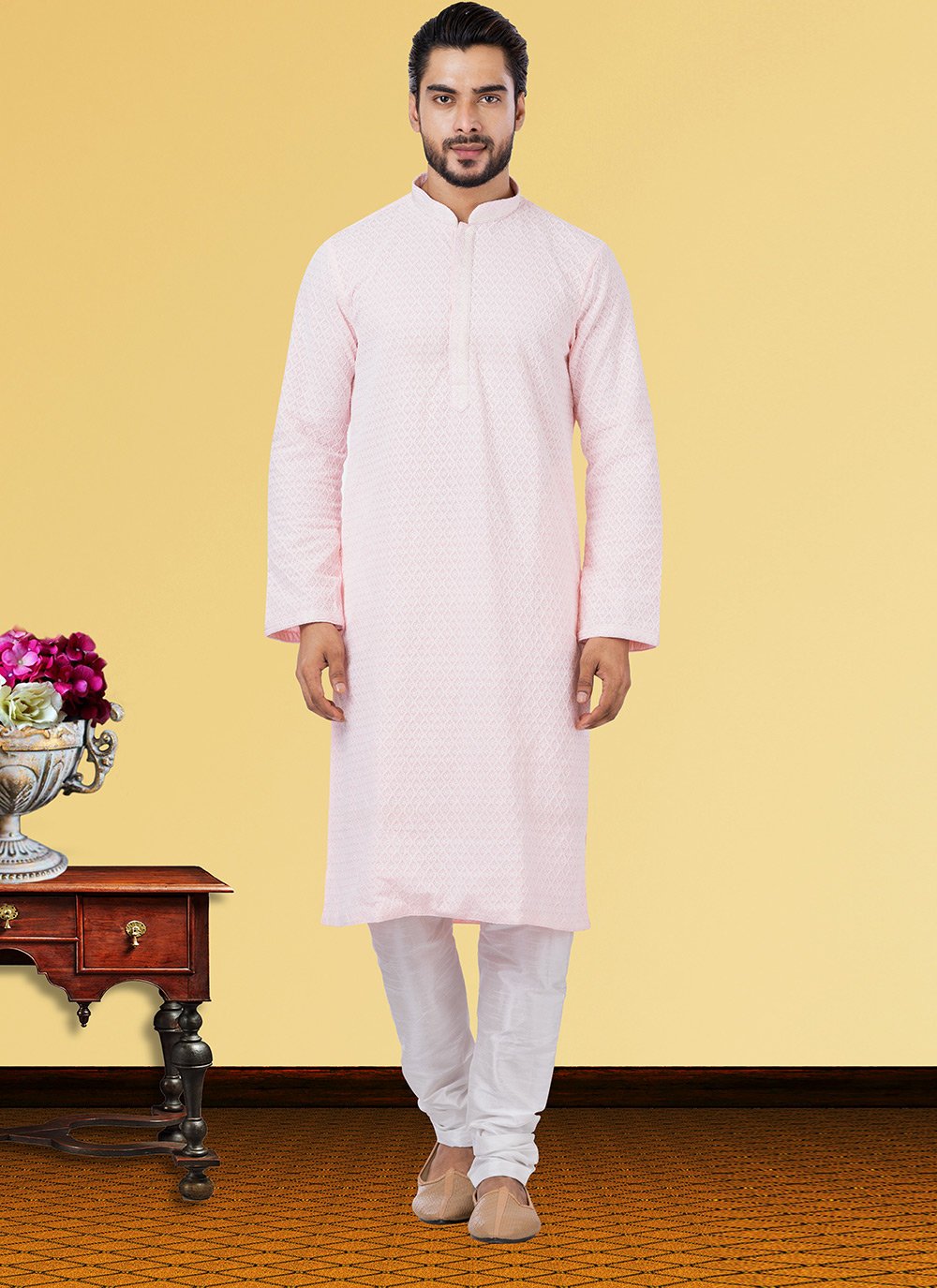 Kurta Pyjama Georgette Pink Embroidered Mens