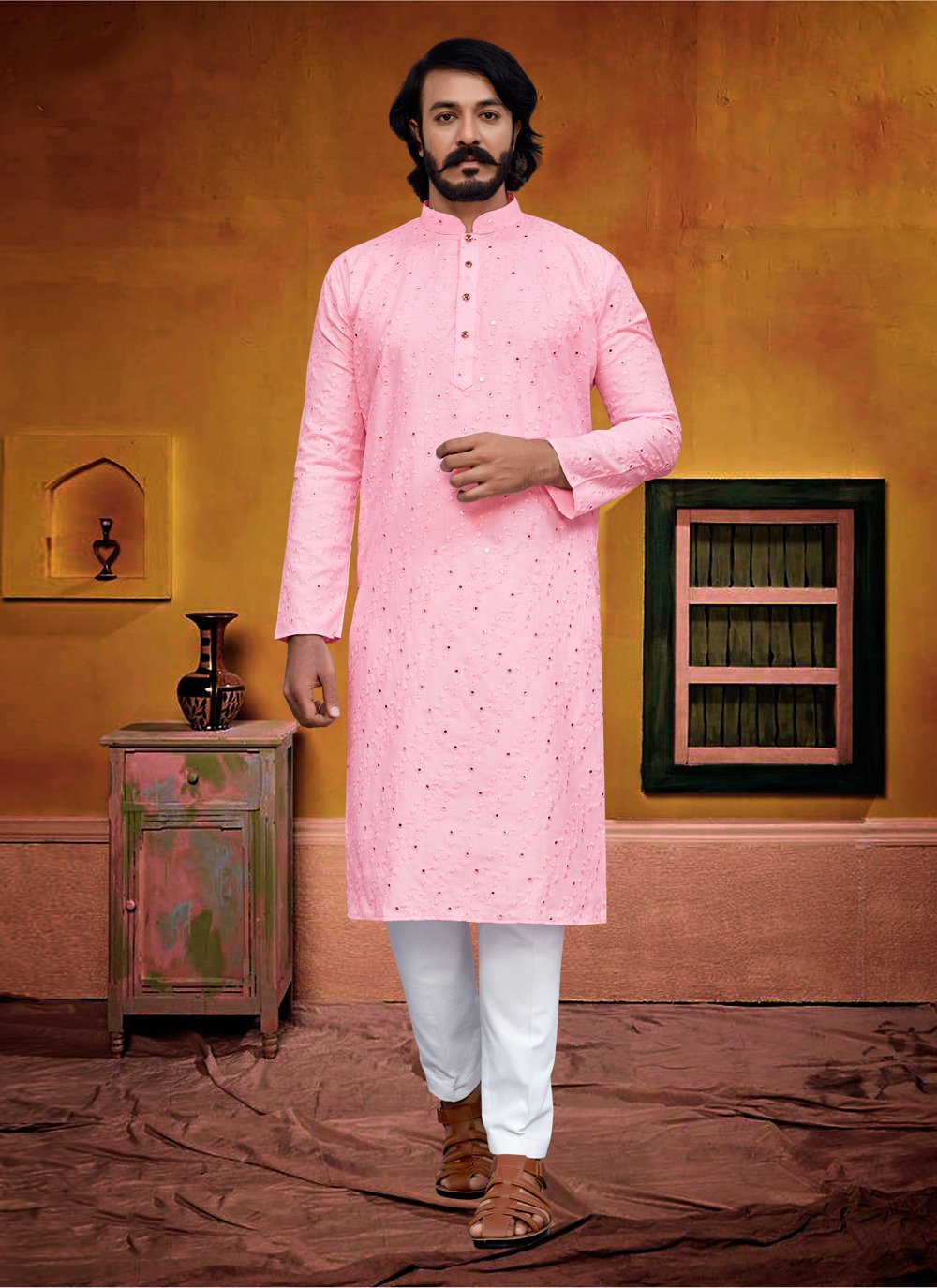 Kurta Pyjama Silk Pink Embroidered Mens