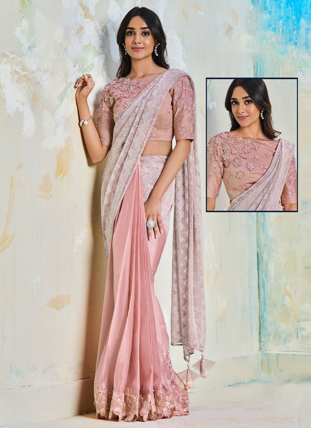 Contemporary Lycra Pink Applique Work Saree