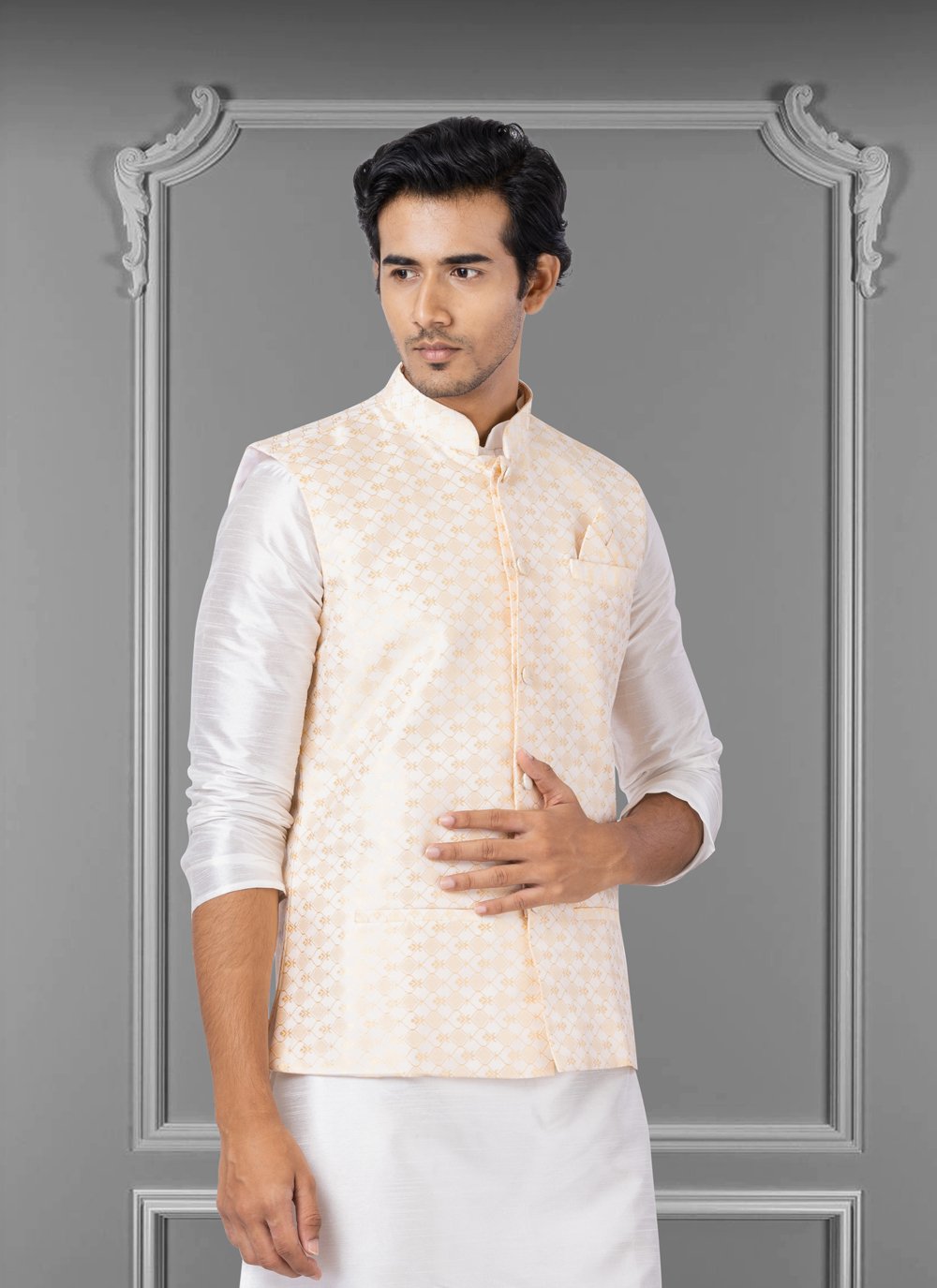 Nehru Jackets Jacquard Silk Pink Embroidered Mens