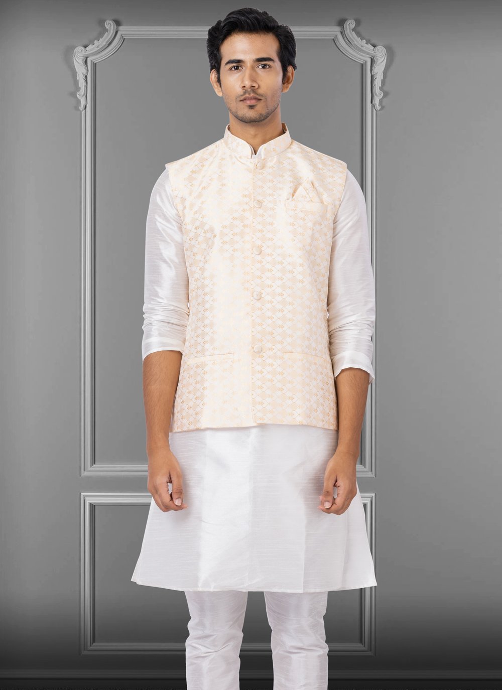 Nehru Jackets Jacquard Silk Pink Embroidered Mens