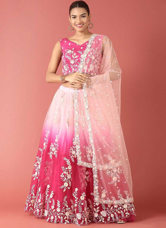 A Line Lehenga Net Pink Embroidered Lehenga Choli