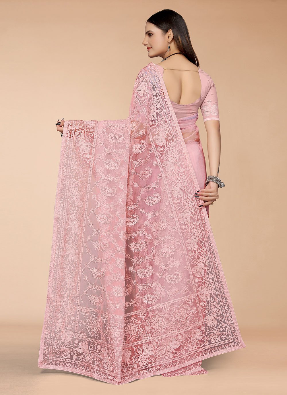 Classic Net Pink Embroidered Saree