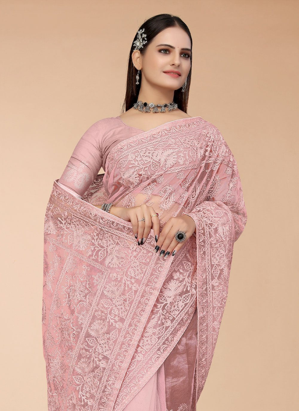 Classic Net Pink Embroidered Saree