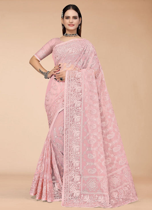 Classic Net Pink Embroidered Saree