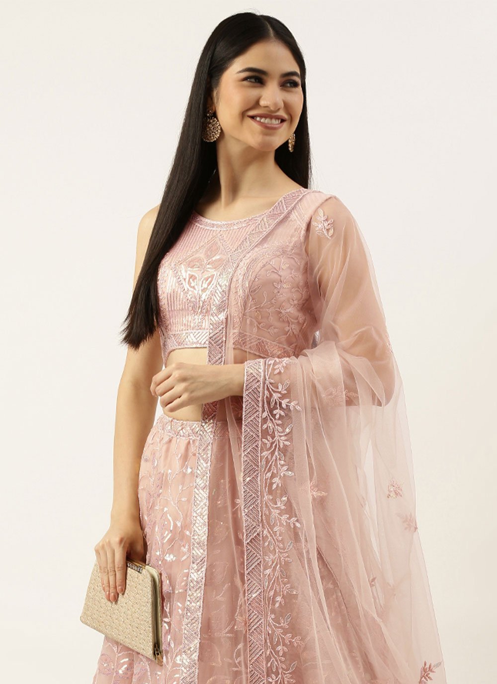 Lehenga Choli Net Pink Embroidered Lehenga Choli